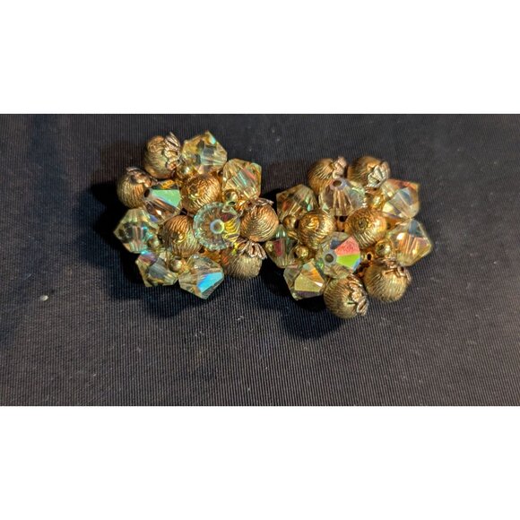 Vintage Clip-On Earrings Aurora Borealis Crystal Beads Cluster Retro Estate - Picture 4 of 7